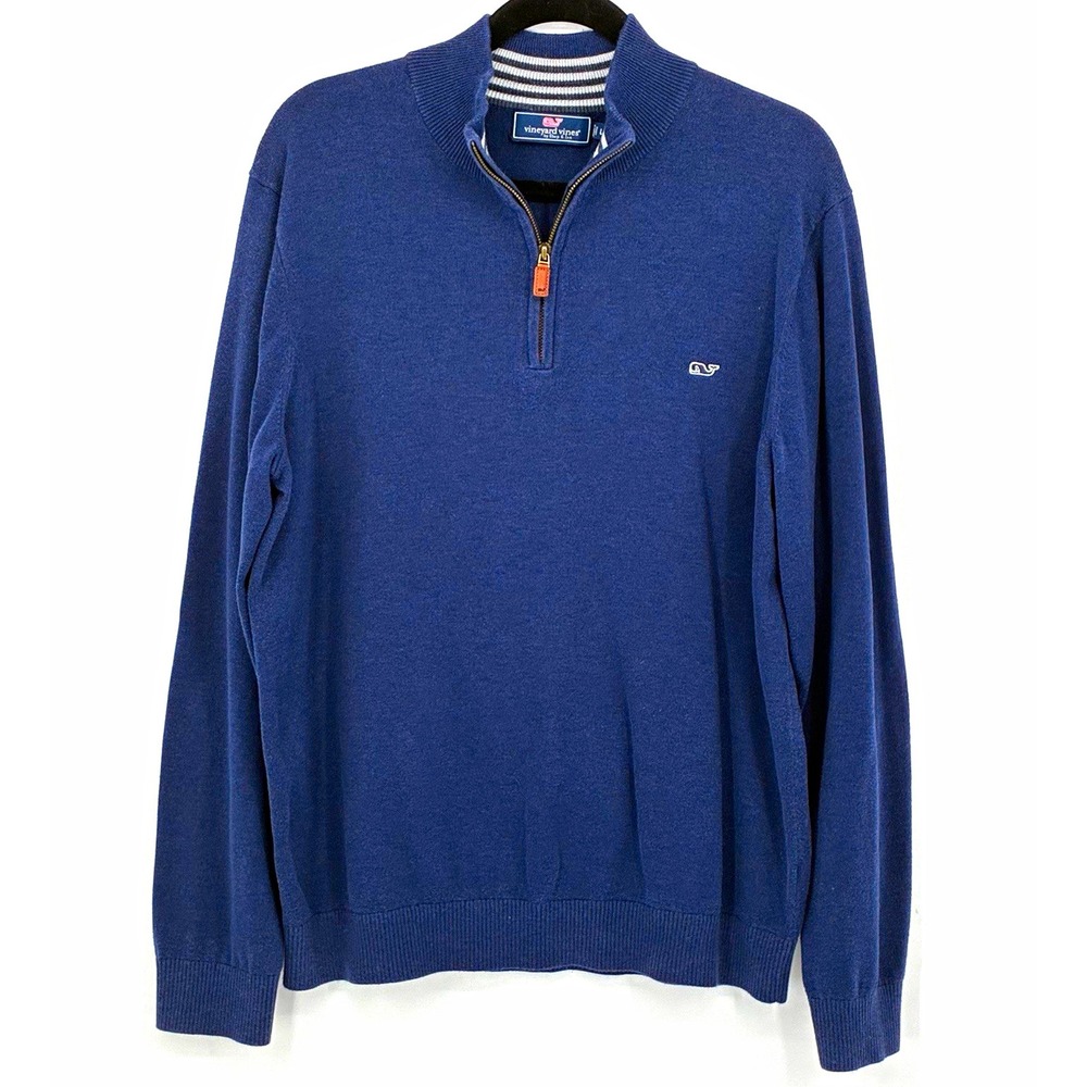 Vineyard Vines Men's Blue Solid Cotton Knit 1/4 Zip Mock Neck Sweater L Preppy